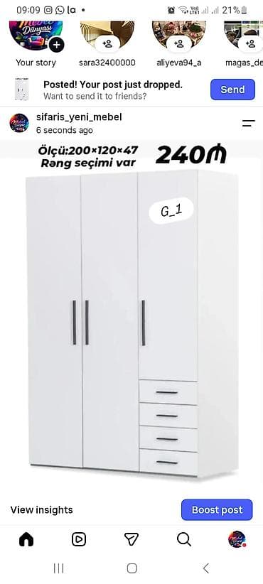 skafi: Mebel: Üç qapılı paltar şkafı, alt hissədə 4 çekmece Model: G_1 Ölçü — 1