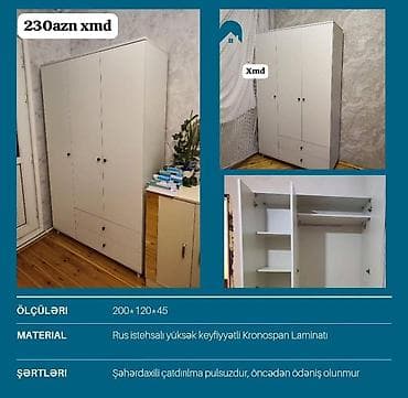 Ağ rəngli üç qapılı paltar dolabı - Ölçülər: 200 × 120 × 45 sm - — 1