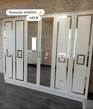 Yeni, 6 qapı, Güzgülü, Ağ, Taxta, Açılan, Düz dolab