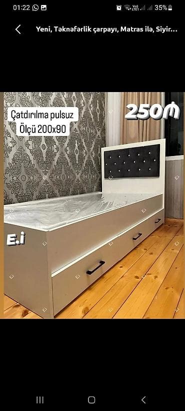islenmis matras: Təknəfərlik çarpayı – ölçü 200×90 sm. Başlıq hissəsi düyməli dekorla — 1
