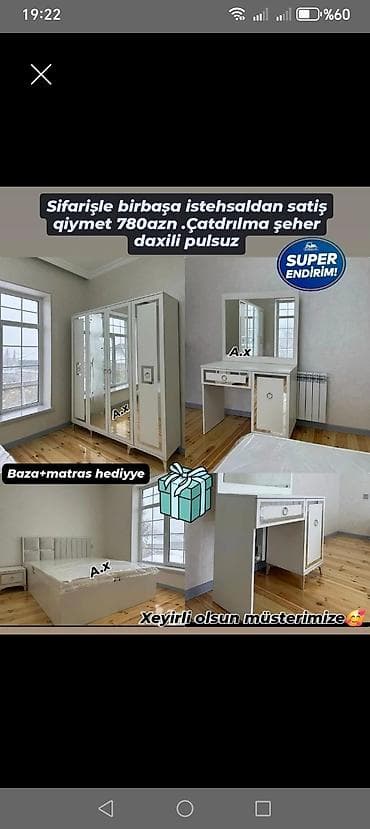 mulkum az ev alqi satqisi: Yataq otağı dəsti – birbaşa istehsaldan sifarişlə. Dəst tərkibi: - 3 — 1