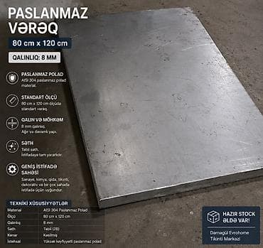 borular: Paslanmaz vərəq – AISI 304 polad Ölçü: - 80 sm x 120 sm - Qalınlıq: 8 — 1