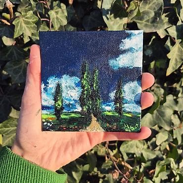 Velosiped ehtiyyat hissələri: Mini akril boya tablo – “Səksərən səmalar və selvi ağacları” - Ölçü — 6