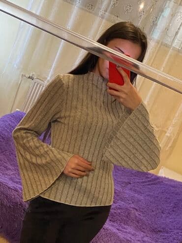 женские кофты обманки: Qadın trikotaj sviter - Rəng: açıq boz, incə tünd zolaqlı - Parça — 3