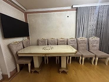 skaf ucuz: Klassik üslubda yemək otağı dəsti - Süfrə: Açıq krem rəngli, qızılı — 2