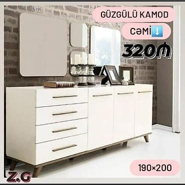 Güzgülü kamod dəsti - Ölçü: 190×200 - Rəng: açıq krem/boz tonlarında