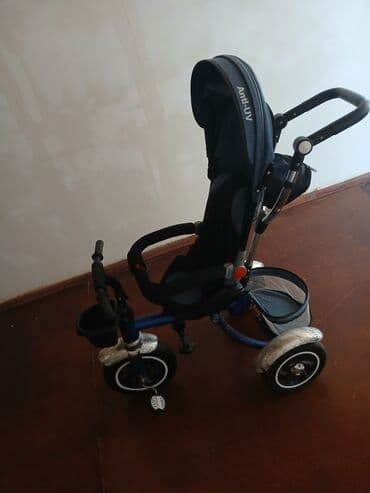 velosiped formalı uşaq arabası: Uşaqlar üçün tünd göy rəngdə nəzarət qolu olan üçtəkərli velosiped. Bu — 4