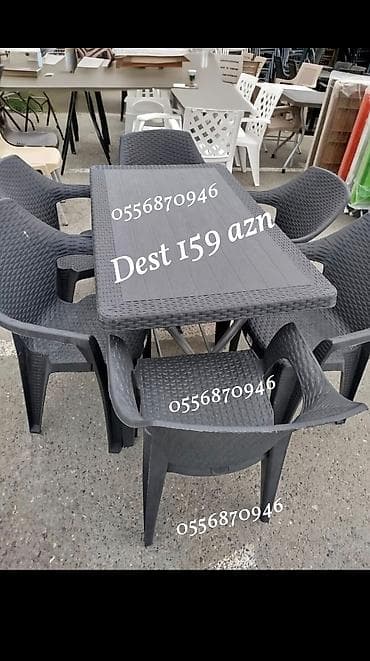 heyet gulleri ve adlari: Həyət/bağ üçün mebel dəsti: - Komplekt: 1 masa + 6 stul - Masa ölçüsü — 7