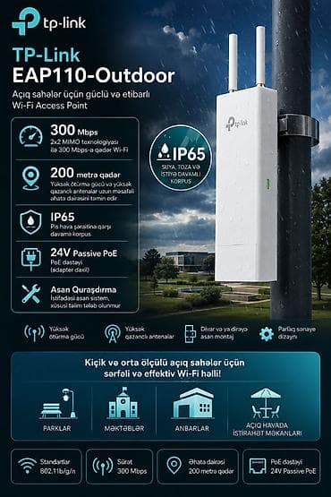 ✔ TP-Link EAP110-Outdoor Sürət: 300 Mbps Standartlar: 802.11b/g/n