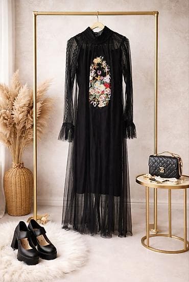 ucuz hicab geyimleri: Zərif qara şifon don 1 dəfə geyinilib - Uzun, axıcı siluet; yüngül — 1