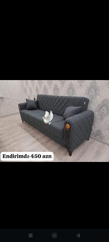 mebel satisi: Tünd boz rəngli 3 nəfərlik divan - Üzlük: yumşaq məxməri/parça, romb — 1