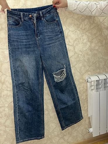 Qadın/Unisex mavi denim cins şalvar - Kəsim: düz, rahat fit (straight