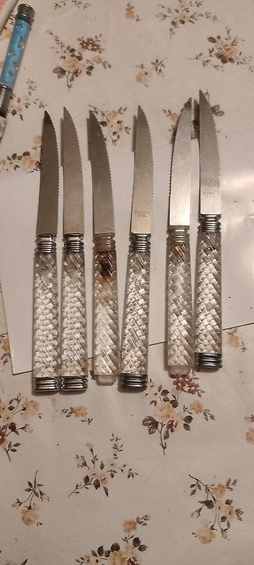 bicaq kepenek: Vintage metal çərçivəli oval servis qabı + 6 ədəd bıçaq dəsti - — 4