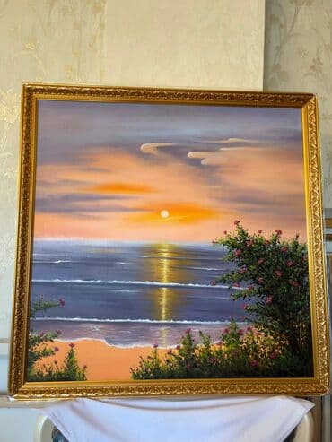 yay fəslinə aid şəkillər çəkmək: Günəşin dəniz üzərində batdığı anı əks etdirən bu rəsm əsəri, qumlu — 2