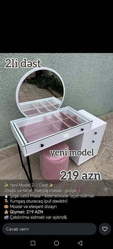 makyaj ucun masa: Yeni model 2-li dəst – makiyaj masası və güzgü - Böyük, dairəvi güzgü — 2