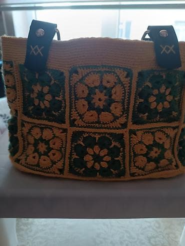 Çantalar: Əl işı toxunma çanta - Dizayn: Kvadrat motivli, sarı və yaşıl — 2