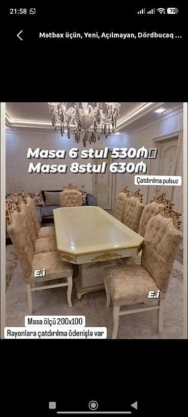 Mətbəx üçün, Yeni, Açılmayan, Dördbucaq masa, 6 stul