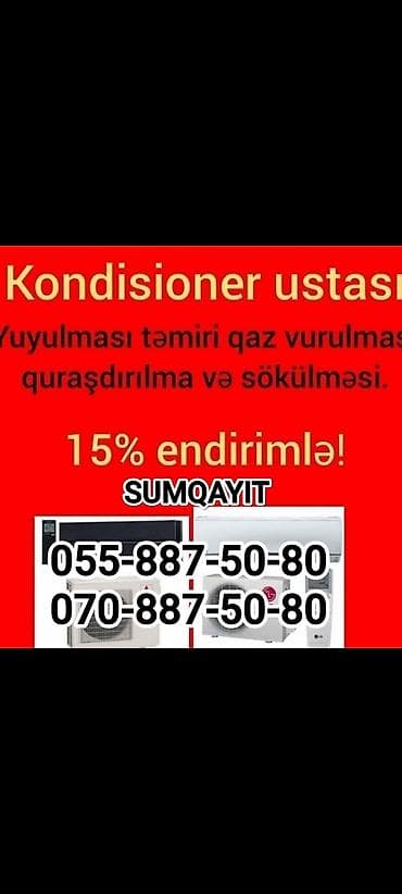 Kondisionerlerin Qurasdirilması,Temiri,Yuyulması,Qaz vurulmasi,Temir