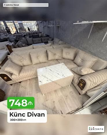 Künc Divan – 300×200 sm - Şık, krem rəngli künc divan, geniş oturma