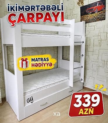 İkimərtəbəli çarpayı – ağ rəngdə, müasir dizayn - Üst və alt yataq