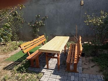 işlenmiş stol: Bağ üçün taxta mebel dəsti - Tərkib: 1 ədəd düzbucaqlı stol və 2 ədəd — 2