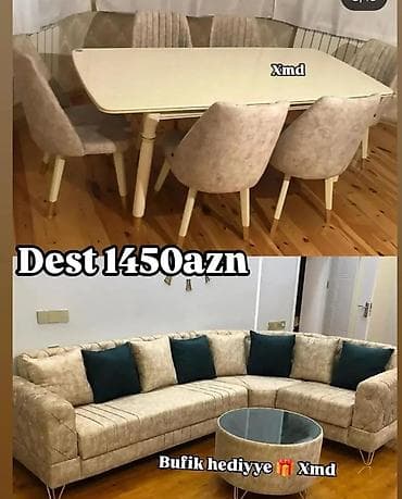 Mebel dəsti – yemək masası + 6 ədəd stul + künc divan - Müasir