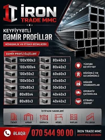 4x4 profil: Kvadrat, Dəmir Profil, şveller, 100x100 mm, Qalınlıq: 3 mm, Yeni, Ünvandan götürmə, Ödənişli çatdırılma, Rayonlara çatdırılma — 1