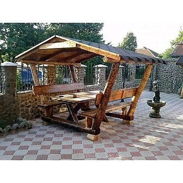 hamam perdeleri: Bağ üçün taxta kölgəlikli oturacaq dəsti - Komplekt: sabit çardaqlı — 10