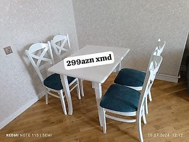 yata: Ağ rəngli yemək otağı dəsti: - 1 ədəd dördkünc masa - 4 ədəd stul — 1