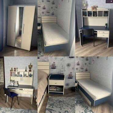 Uşaq və gənc otağı üçün dəstlər: Oğlan və qız üçün, 2 təknəfərlik çarpayı, Yazı masası, Dolab, 2 tumba