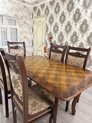 Yemək otağı üçün masa və 6 ədəd stul dəsti - Material: taxta karkas