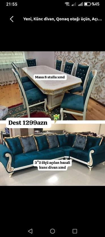 Мебель: Qonaq otağı dəsti - Masa və 8 ədəd stul: Klassik üslubda, ağ-golden — 1
