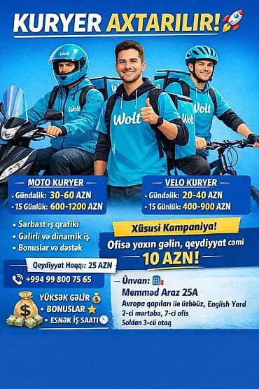 Moto-kuryer tələb olunur, Gündəlik ödəniş, Təcrübəsiz