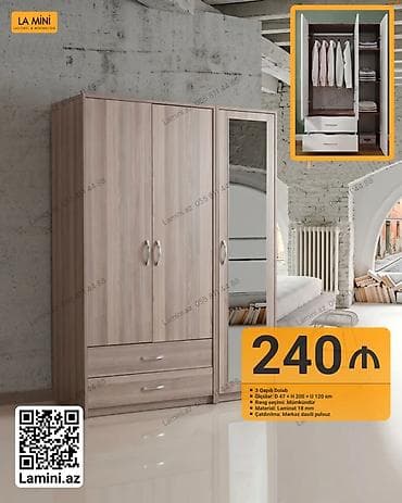 3 qapılı paltar dolabı - Dizayn: minimal və zərif ağac teksturalı
