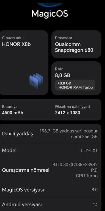 honor 7c qiymeti: Honor X8b, 256 GB, rəng - Gümüşü, Barmaq izi — 1