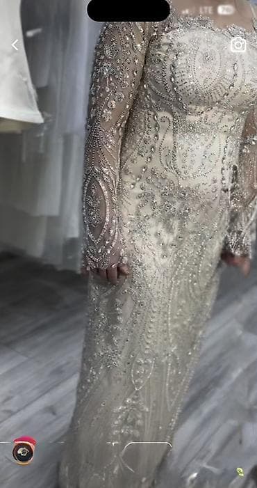 Gümüşü bəzəkli ziyafət/gecə geyimi - Rəng: açıq krem əsas üzərində — 2