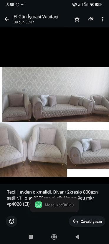 kafe divani: Tecili evden cixmalidi. Divan+2kreslo 800azn satilir.1il olar 2350azn — 1
