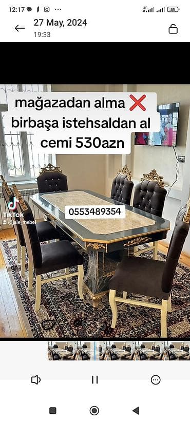 Mətbəx üçün, Yeni, Açılmayan, Dördbucaq masa, 6 stul — 1