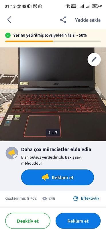 acer betouch e140: İşlənmiş Acer Nitro, 15.6 ", Intel Core i5, 256 GB, Ödənişli çatdırılma — 9
