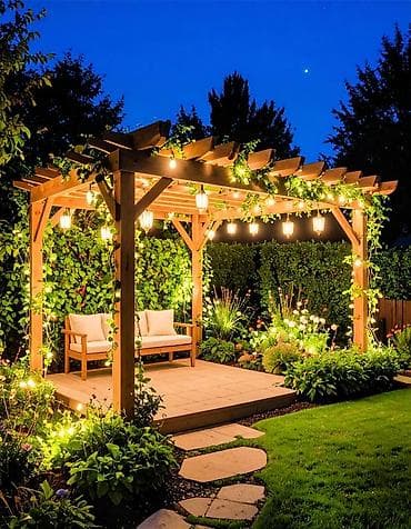 Bağ üçün taxta pergola – dekorativ işıqlandırmalı, teraslı Məhsul