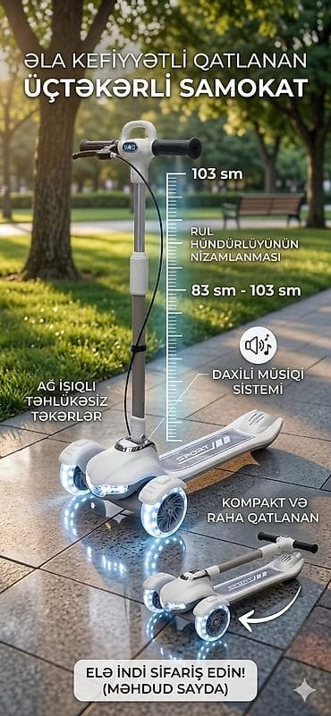 Qatlanan, üçtəkərli uşaq samokatı - Rul hündürlüyü nizamlanan: 83–103