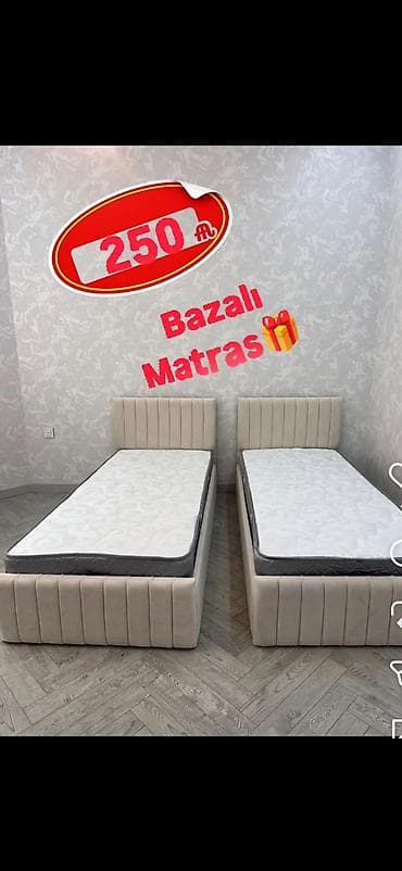 Bazalı tək nəfərlik çarpayı + matras - Düz xətli, yumşaq başlıq və