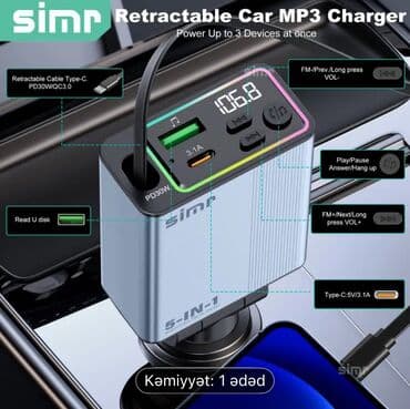 Fm transmitter Həm type C şarj Həm də usb flaş ilə mahnı dinləmək olur
