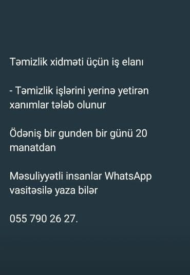 Xadimə tələb olunur, İstənilən yaş, Təcrübəsiz, 2/2, Gündəlik ödəniş