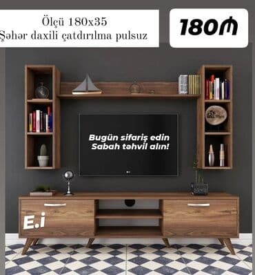 Sifarişlə dolablar: Düz TV altlığı, Polkalı, Taxtalı