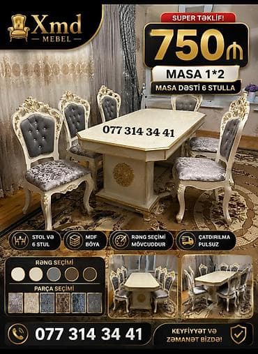 mebel satilir: Mebel dəsti – Masa və 6 stul - Masa ölçüsü: 1×2 m - Komplekt: 1 masa — 1