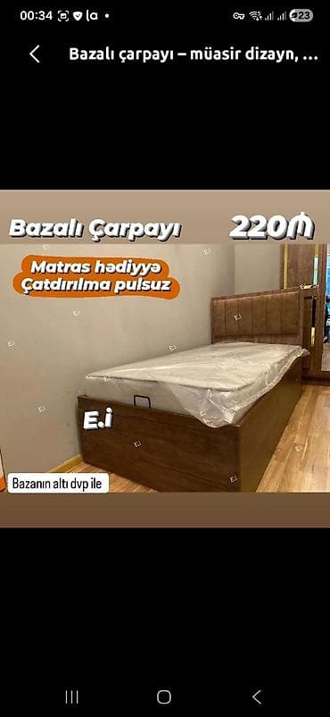Bazalı çarpayı – müasir dizayn, ağac rəngli karkas və yumşaq başlıq