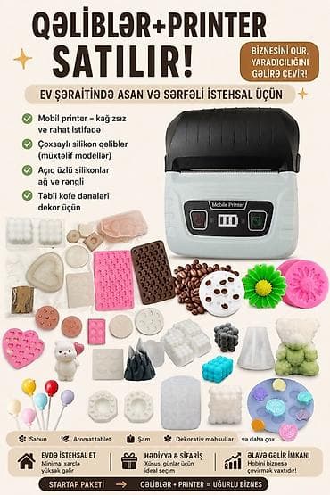 Qəliblər + Mobil Printer seti Ev şəraitində sabun, şam, aromat tablet lalafo.az -da Qəliblər + Mobil Printer seti Ev şəraitində sabun, şam, aromat tablet