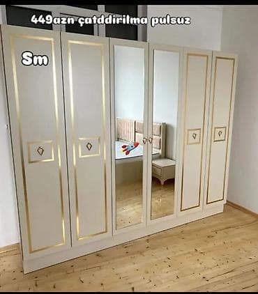 6 qapı, Güzgülü, Bej, Açılan, Düz dolab