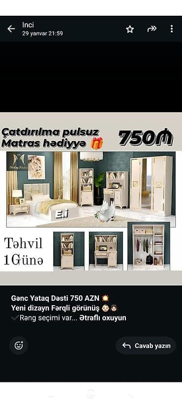 pol əskisi: Oğlan və qız üçün, Yeni, Təknəfərlik çarpayı, Dolab — 1